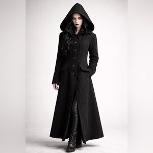 Vintage Long Black Hooded Wool Coat Size Large